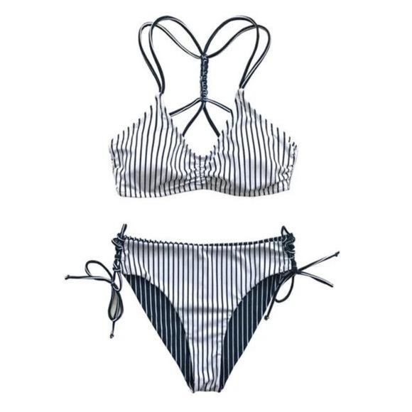 CUPSHE Blue White Stripe Sexy Reversible Bottom Strappy Bikini Sets S - Picture 1 of 7